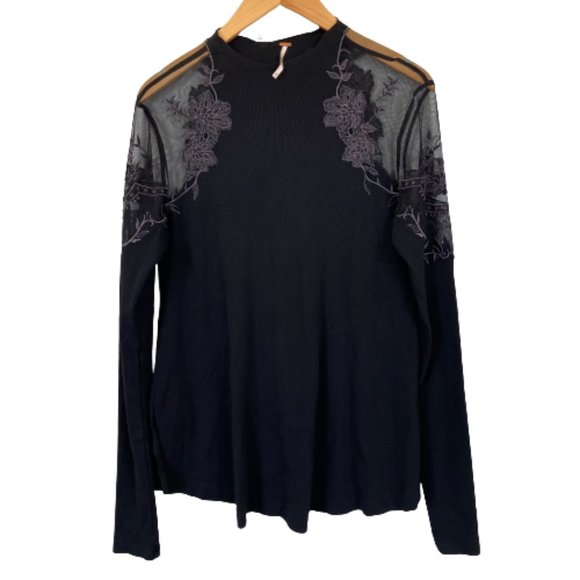 Free People Black Ribbed Daniella Pieced Peekaboo Mesh Shoulder Top Size Small - Picture 2 of 9